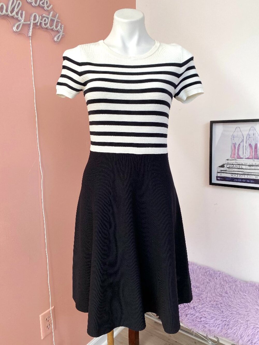 Talbots Black and White Striped Knit Dress NWT Small Petite